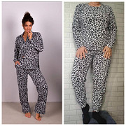 Пижама плюш женская, домашний костюм серый леопард